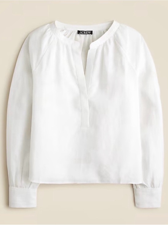 J. Crew Tops - J. Crew Womens Linen Cabana Top White Split-Neck Long-Sleeve Blouse L Coastal